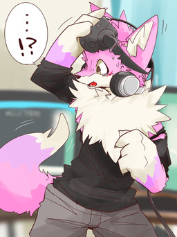 4_fingers ambiguous_gender anthro biped black_clothing black_shirt black_topwear blurred_background bodily_fluids bottomwear brown_eyes chest_tuft claws clothing dipstick_tail electronics ellipsis fangs finger_claws fingers fur grey_bottomwear grey_clothing grey_pants headphones implied_transformation inner_ear_fluff inside interrobang kemono looking_at_self markings multicolored_tail open_mouth pants purple_body purple_fur shirt solo sweat tail tail_markings tail_motion tailwag teeth television tongue topwear torn_clothing torn_shirt torn_topwear tuft vr_headset white_body white_fur juutton canid canine fox mammal absurd_res hi_res shaded