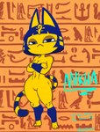 abs anthro blue_eyes blue_hair breasts clothing crossed_arms egyptian egyptian_clothing egyptian_headdress eyelashes female fur genitals hair lidded_eyes looking_at_viewer markings navel nude pussy solo striped_markings striped_tail stripes tail tail_markings text thick_thighs wide_hips yellow_body yellow_fur cheekie animal_crossing ankha_zone nintendo ankha_(animal_crossing) domestic_cat felid feline felis mammal absurd_res hi_res