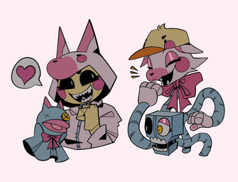 2_heads anthro beakless black_sclera clothing cosplay costume duo ears_down eyes_closed eyeshadow female female/female fingers furry_wearing_fursuit fursuit hat headgear headwear heart_symbol laugh lipstick machine makeup multi_head nails pink_cheeks pink_inner_ear pivoted_ears puppet ribbons sharp_teeth simple_background suit teeth white_background white_eyes viceravermillion five_nights_at_freddy's five_nights_at_freddy's_2 scottgames mangle_(fnaf) toy_chica_(fnaf) animatronic avian bird canid canine chicken fox galliform mammal phasianid robot