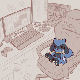 3_fingers 3_toes ambiguous_gender anthro biped black_eyes blue_body blue_fur blue_tail chair computer computer_keyboard computer_monitor computer_mouse computer_screen controller desk electronics feet fingers front_view fur furniture game_controller gaming_controller inside looking_at_viewer nude nude_ambiguous nude_anthro office_chair on_chair pawpads paws sitting sitting_on_chair solo speaker steam_controller table tail toes trash_can advos nintendo pokemon steam_controller_(2026) valve valve_corporation valve_hardware generation_4_pokemon pokemon_(species) riolu 1:1 2026 digital_drawing_(artwork) digital_media_(artwork)