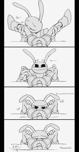 blush crotch_sniffing duo ears_down female hands_on_legs kissing_leg larger_male male male/female moan onomatopoeia pivoted_ears size_difference smaller_female smile smiling_at_another smiling_at_partner sniffing sound_effects text somnambulaart glitch_productions the_amazing_digital_circus jax_(tadc) pomni_(tadc) humanoid lagomorph leporid mammal rabbit artist_name comic english_text hi_res monochrome