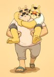 anthro black_nose blush bottomwear carrying_another clothing duo eyes_closed feet footwear hug kemono male male/male piggyback sandals shirt shoes shorts topwear walking panda_po bear felid mammal pantherine tiger 2024 hi_res