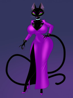 alternate_costume anthro big_breasts black_body breasts clothing ear_piercing eyeshadow female footwear gem gradient_background green_eyes hand_on_hip high_heels jewelry lipstick long_legs long_tail looking_at_viewer makeup necklace pearl_(gem) pearl_necklace piercing purple_eyeshadow purple_lipstick shoes simple_background small_waist smile solo tail thick_thighs whiskers wide_hips crovirus sennka_(crovirus) domestic_cat felid feline felis mammal shadow_creature hi_res