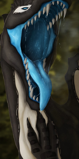 3_fingers black_body blue_eyes blue_insides blue_tongue bodily_fluids claws feral fingers forest_background hand_on_neck long_neck looking_at_viewer male mouth_shot neck_bulge open_mouth oral_vore saliva saliva_string sharp_teeth snout solo swallowing teeth tongue tongue_out vore white_body rakess sorrel_(sorrelbirdy) dinosaur prehistoric_species reptile saurischian scalie spinosaurid spinosaurus theropod absurd_res hi_res