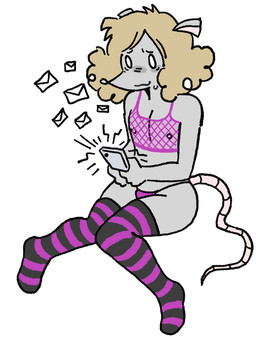 anthro blonde_hair bodily_fluids clothing electronics female fishnet_clothing flat_chested footwear grey_body hair legwear nervous nervous_smile pattern_clothing pattern_footwear pattern_legwear pattern_socks phone smile socks solo stockings striped_clothing striped_footwear striped_socks stripes sweat translucent translucent_clothing translucent_topwear young pwnnie ratgore_(pwnnie) mammal murid murine rat rodent hi_res