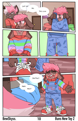 ageplay anthro brown_body brown_fur clothed clothing dialogue doll dress_up female footwear fur good_guy hair infantilism male male/female overalls pink_hair roleplay shoes sweater text topwear bewskyss canid canine mammal absurd_res comic english_text hi_res