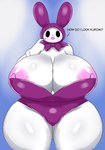 :d anthro areola big_areola big_breasts big_butt big_nipples black_text breasts butt clothing curvy_figure dot_nose female finger_on_face front_view fur glistening glistening_breasts glistening_thighs gloves handwear hood huge_areola huge_breasts huge_butt huge_nipples leotard looking_at_viewer nipples open_mouth open_smile pink_areola pink_nipples purple_clothing purple_hood simple_background smile solo standing strapless_clothing strapless_leotard text toony voluptuous white_body white_clothing white_fur white_gloves white_handwear tha_randomu onegai_my_melody sanrio my_melody lagomorph leporid mammal rabbit digital_media_(artwork) english_text hi_res portrait three-quarter_portrait