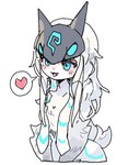 anthro blue_markings clothing cute_fangs fangs female fur fur_markings hair headgear headwear heart_symbol markings simple_background solo teal_eyes teeth tuft white_background white_body white_fur white_hair podo league_of_legends riot_games tencent kindred_(lol) lamb_(lol) bovid caprine mammal sheep