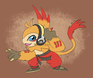 anthro blue_eyes bottomwear clothed clothing electronics fur headphones male male_anthro orange_body orange_fur pants smile solo topless topless_anthro topless_male cenrji bandai_namco digimon digimon_(species) haplorhine kakamon mammal monkey primate hi_res
