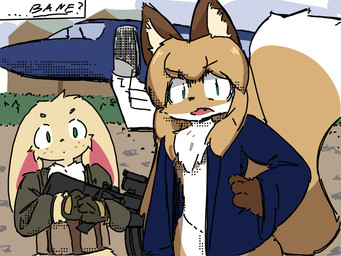 aircraft airplane anthro baneposting brown_body clothing dialogue dipstick_tail duo female grass green_eyes gun male male/female markings plant ranged_weapon tactical_belt tail tail_markings text vehicle weapon conditional_dnp pitzspecial averi_(fiddleafox) hazel_(fiddleafox) canid canine fox lagomorph leporid mammal rabbit 4:3
