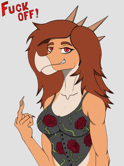 alternate_costume anthro big_breasts breasts brown_hair claws clothed clothed_anthro clothed_female clothing dialogue facial_horn female finger_claws fingers floral_print front_view gesture grey_background hair hand_gesture horn humanoid_hands long_hair middle_finger non-mammal_breasts orange_body profanity red_eyes simple_background solo standing talking_to_viewer tan_body text lorikani cavemanon_studios goodbye_volcano_high ko_op_(game_developer) snoot_game rosa_(gvh) aquilops ceratopsian dinosaur marginocephalian ornithischian prehistoric_species reptile scalie 3:4 colored english_text half-length_portrait hi_res portrait shaded