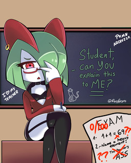 bottomwear bra breasts chalkboard choker classroom clothed clothing crossed_legs eyewear female flat_chested furgonomic_piercing furgonomics glasses green_hair hair hair_over_eye jacket jewelry legwear math microskirt miniskirt necklace one_eye_obstructed open_chested_shirt pen piercing profanity red_clothing red_eyes red_jacket red_topwear school sitting skimpy skirt slim solo teacher text thick_thighs thigh_highs thin_calves topwear underwear white_body wide_hips renaspyro nintendo pokemon karma_(renaspyro) generation_3_pokemon humanoid kirlia pokemon_(species) 4:5 absurd_res english_text hi_res sketch watermark