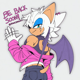 anthro back_wings bat_wings big_ears black_bottomwear black_clothing black_nose black_pants blue_eyes blue_eyeshadow bodily_fluids bottomwear clothing crossgender dialogue ear_piercing ear_ring eyes_closed eyeshadow femboy ftm_crossgender furgonomic_bottomwear furgonomic_topwear furgonomics glistening glistening_nose hair head_tuft jacket looking_at_viewer looking_back looking_back_at_viewer makeup male membrane_(anatomy) membranous_wings pants pecs piercing pink_clothing pink_jacket pink_topwear pointed_tail pointy_ears prick_ears purple_clothing purple_shirt purple_tank_top purple_topwear rear_view ring_piercing shirt short_hair simple_background solo tan_body tan_muzzle tank_top tongue topwear tuft waving_hand white_head wings nikkikaji sega sonic_the_hedgehog_(series) rogue_the_bat_(nikkikaji) rouge_the_bat bat mammal 1:1 2025 hi_res