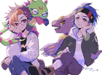 accessory annoyed anthro blowing_raspberries blue_hair eyewear glasses group hair headband making_faces male multicolored_hair rival rivalry taunting teasing tongue tongue_out ebiebionigiri bandai_namco digimon digimon_beatbreak raito_souda tomoro_tenma digimon_(species) gekkomon human mammal monodramon scalie