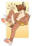 anthro band-aid bandage bottomwear bulge clothed clothing footprint kemono loincloth loincloth_only lying male nipples on_back pawpads pawprint pink_pawpads solo tattoo topless tribal tribal_tattoo beru_bel canid canine mammal absurd_res hi_res