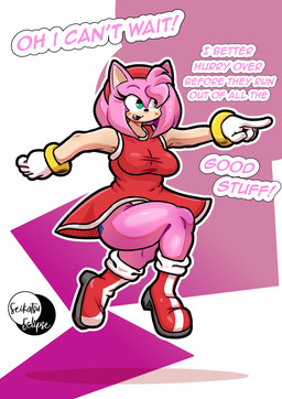 accessory blush boots bracelet butt butt_tattoo clothing dialogue eyelashes fangs female footwear gesture gloves green_eyes hair_accessory hairband hand_gesture handwear jewelry pink_body pointing shoes tan_body tan_skin tattoo teeth thick_thighs transformation seikatsueclipse sega sonic_the_hedgehog_(series) amy_rose eulipotyphlan hedgehog mammal absurd_res hi_res