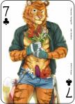 2018 abs anthro card card_template clothed clothing clubs_(suit) copyright_symbol digital_media_(artwork) english_text erection felid flower fonyaa fur gardener genitals gloves handwear holding_object looking_at_viewer male mammal muscular muscular_anthro muscular_male navel orange_body orange_fur pantherine pecs penis plant playing_card playing_card_template seven_of_clubs shirt simple_background smile solo standing striped_body striped_fur stripes suit_symbol symbol text tiger topwear white_background