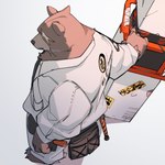 anthro barefoot bottomwear brown_body brown_fur clothing feet fur high-angle_view jacket male pants solo topwear weapon white_bottomwear white_clothing white_jacket white_pants white_topwear omisokatu0141 mihoyo zenless_zone_zero ben_bigger bear mammal 1:1 hi_res