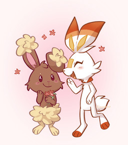 ambiguous_gender anthro blush blush_lines brown_body brown_eyes brown_fur buckteeth duo eyes_closed featureless_chest featureless_crotch flat_chested flower fur open_mouth paws plant simple_background tail teeth tongue white_body white_fur yellow_body yellow_fur kazunekomori nintendo pokemon buneary generation_4_pokemon generation_8_pokemon lagomorph mammal pokemon_(species) scorbunny 2025 hi_res signature female_(lore)