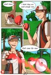 after_transformation anthro bodily_fluids clothed clothing comic cum cum_drip dee_(narusewolf) dialogue dripping duo english_text forest forest_background fur generation_2_pokemon genital_fluids hi_res human humanoid ivy_(narusewolf) lucas_(narusewolf) male mammal narusewolf nature nature_background nintendo plant pokeball pokemon pokemon_(species) pokemon_trainer speech_bubble text tongue tree unown_(pokemon)