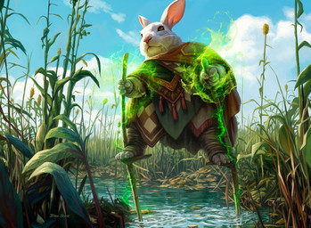 anthro clothing day detailed_background fur grass looking_up magic male outside plant river solo stilts water whiskers white_body white_fur dan_scott hasbro magic:_the_gathering wizards_of_the_coast lagomorph leporid mammal rabbit 2024 official_art