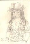 anthro areola bracelet breast_markings breasts clothing cowboy_hat dreadlocks dress_shirt female front_view hat headgear headwear jewelry looking_forward markings rolled_up_sleeves shirt side_boob solo standing topwear unbuttoned unbuttoned_shirt n2o kateena_taworii dasyuromorph mammal marsupial recently_extinct_species thylacine 2012 hi_res