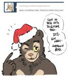 anthro christmas_clothing christmas_headwear clothing dialogue hat headgear headwear holidays looking_at_viewer male one_eye_closed pom_hat santa_hat solo suggestive text wink artdecade christmas tumblr willy_(artdecade) bear mammal sloth_bear ursine comic english_text