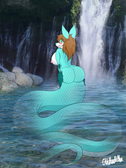 anthro apode bathing blush blush_face blush_lines brown_hair cute_pose embarrased_horny embarrassed embarrassing_nudity female hair lake legless long_ears long_tail nude serpentine solo split_form tail water waterfall waterfall_shower cthuwulhu sylvia_(cthuwulhu) canid canine draconcopode fox lamia mammal naga reptile scalie snake taur 3:4 absurd_res hi_res