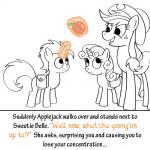 1:1 apple applejack_(mlp) bitterplaguerat black_and_white cutie_mark dialogue earth_pony english_text equid equine fan_character female feral food friendship_is_magic fruit group hasbro horn horse loki_(bitterplaguerat) magic male mammal monochrome my_little_pony mythological_creature mythological_equine mythology plant pony simple_background sweetie_belle_(mlp) text unicorn white_background