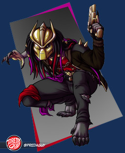 action_pose armor bottomwear chain claws clothing crouching denim denim_bottomwear denim_clothing dreadlock_cuffs dreadlocks finger_claws fingerless_gloves fishnet_clothing gloves gold-trimmed_clothing gold_(metal) gold_jewelry gun hair hair_dye handgun handwear headgear helmet jacket jeans jewelry long_hair mask nylon_stockings one_eye_obstructed pants pauldron pose ranged_weapon shirt spiked_pauldron spikes tied_clothing toe_claws topwear torn_bottomwear torn_clothing torn_pants torn_shirt torn_topwear weapon predaguy predator_(franchise) dave_(janek5) alien yautja hi_res