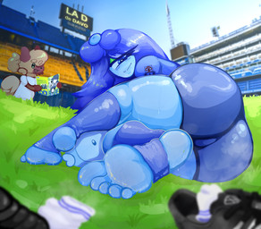 1_eye anthro barefoot blue_hair blush bodily_fluids brown_body feet female foot_fetish foot_focus hair humanoid_feet plantigrade smile soles sweat sweatdrop sweaty_feet text thick_thighs toes kiss_the_carrot nintendo pokemon koi_(kiss_the_carrot) petra_(kiss_the_carrot) canid canine canis generation_1_pokemon generation_7_pokemon magnemite mammal pokemon_(species) rockruff absurd_res digital_media_(artwork) hi_res shaded