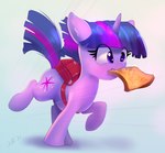 backpack bread cutie_mark eat_and_run female feral food front_view fur hair hooves horn motion_lines purple_body purple_fur purple_hair running solo toast xbi friendship_is_magic hasbro my_little_pony mythology twilight_sparkle_(mlp) equid equine horse mammal mythological_creature mythological_equine pony unicorn absurd_res hi_res