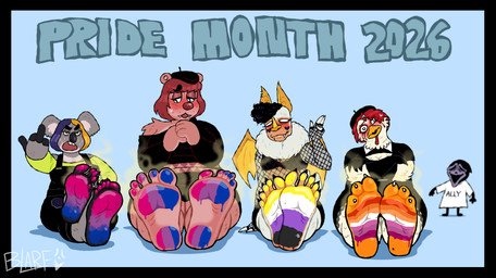 3_toes 5_toes ambiguous_focus ambiguous_gender anthro beret bisexual_pride_colors black_border black_hair blue_background blush bodily_fluids bodypaint border breasts brown_body brown_fur claws cleavage clothed clothing countershade_feet countershading embarrassed fangs feathers feet female female_focus fishnet_clothing fishnet_topwear foot_focus freckled_face freckles fur gesture grey_body grey_fur group hair hand_gesture hat headgear headwear humanoid_feet lesbian_pride_colors lgbt_pride middle_finger multicolored_hair nonbinary_pride_colors overalls paint_on_feet plantigrade pride_colors red_hair simple_background sitting sitting_on_ground smelly smelly_feet soles stink_fumes sweat sweatdrop teeth text toe_claws toes topwear two_tone_hair white_body white_feathers white_fur blarf022 lgbt_pride_month blarf_(blarf022) garance_cocorico_(blarf022) sheila_koala_(blarf022) sherry_bear_(blarf022) vinchi_von_bat_(blarf022) avian bat bear bird chicken galliform honduran_white_bat kinx_(blarf022) koala leaf-nosed_bat mammal marsupial microbat phasianid vombatiform yangochiropteran 2026 absurd_res english_text hi_res nonbinary_(lore)