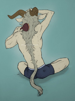 2_horns anthro biped brush brushing brushing_fur clothed clothing fur holding_brush holding_object horn long_tail male tail topless topless_male spicedpopsicle beastars pina_(beastars) bovid caprine mammal sheep 3:4 colored hi_res signature
