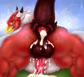 animal_genitalia anus balls beak bodily_fluids butt cum cum_in_ass cum_inside cum_on_balls cum_on_penis ejaculation feathered_wings feathers feral fur genital_fluids genitals looking_at_viewer male multicolored_body penis pink_penis presenting presenting_anus presenting_hindquarters quadruped raised_tail red_anus red_body red_eyes red_fur simple_background smile smiling_at_viewer solo spread_legs spreading tail two_tone_body wet white_body white_feathers white_fur wings yellow_beak firael valdemar_fordragon mythology avian gryphon mythological_avian mythological_creature hi_res