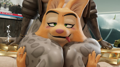 anthro anthro_on_anthro barbell_piercing between_legs between_thighs blush blush_lines bracelet breasts dominant dominant_female duo eyelashes female female/female jewelry long_eyelashes piercing sitting smug smug_face spots spotted_arms spotted_hips spotted_legs spotted_thighs text thick_thighs tuft exis dreamworks the_bad_guys diane_foxington kitty_kat_(the_bad_guys) canid canine fox mammal 16:9 3d_(artwork) 4k absurd_res digital_media_(artwork) english_text hi_res widescreen