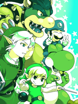 anthro belt bomb clothing collar cookie explosives fangs food green_clothing green_headwear group hat headgear headwear horn male open_mouth shell shield spikes teeth text text_on_clothing text_on_hat text_on_headwear unknown_artist mario_bros nintendo the_legend_of_zelda wind_waker bowser link luigi toon_link dinosaur green_yoshi human koopa mammal prehistoric_species reptile scalie yoshi 3:4 green_theme