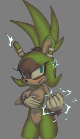 angry anthro big_breasts black_body black_fur blue_eyes blush bracelet breasts clenched_teeth clothing covering covering_breasts cross-popping_vein ear_piercing ear_ring eyelashes female fur genitals gloves green_body green_fur grey_background handwear jewelry looking_at_viewer navel nude piercing ring_piercing sharp_teeth simple_background solo studded_bracelet studded_jewelry studs tan_body tan_fur teeth thick_thighs vulva white_clothing white_gloves white_handwear wide_hips lewdmcgill idw_publishing sega sonic_the_hedgehog_(comics) sonic_the_hedgehog_(idw) sonic_the_hedgehog_(series) surge_the_tenrec afrosoricid mammal tenrec 2023