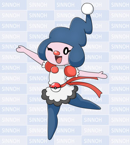 blinking bottomwear clothing female pink_body pokeball pokemorph skirt smile solo standard_pokeball uniform white_eyes urusee584 nintendo pokemon generation_4_pokemon mime_jr. pokemon_(species) hi_res