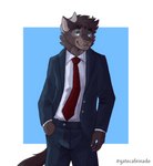 anthro clothing formal_wear hairless horn looking_at_viewer male necktie solo suit coffeline domestic_cat felid feline felis lykoi mammal absurd_res hi_res