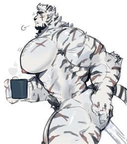 anthro big_muscles big_pecs body_hair breath chest_hair container cup huge_pecs male muscular nude pecs pubes scar solo graysheartart homfnomf arknights hypergryph studio_montagne mountain_(arknights) hi_res