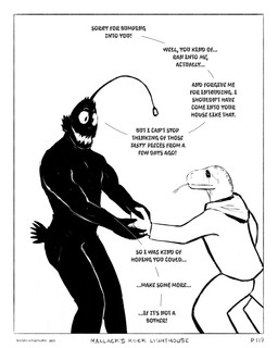 anthro black_body black_skin bodily_fluids border clothing dialogue duo fish_tail forked_tongue hoodie lifting_another lure_(anatomy) male simple_background smile spots tail tears text tongue topwear white_background white_border white_clothing white_hoodie white_topwear sharkinthepark anvil_(sharkinthepark) komo_(sharkinthepark) anglerfish aquatic fish komodo_dragon lizard monitor_lizard reptile scalie 2025 4:5 absurd_res black_and_white comic english_text hi_res monochrome