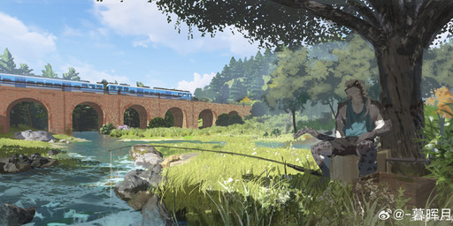 anthro black_bottomwear black_clothing black_shorts blue_clothing blue_sky blue_topwear bottomwear bridge clothed clothing cloud detailed_background fishing_rod fur grass grey_body grey_fur hair male male_anthro mouth_closed muscular muscular_anthro muscular_male plant shorts shrub sitting sky solo spotted_arms spotted_legs topwear train tree vehicle white_body white_fur white_hair yellow_eyes awaldkize felid mammal pantherine snow_leopard 2024 absurd_res dated hi_res signature