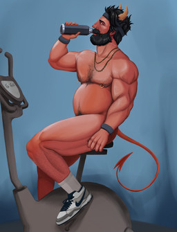 barazoku beard body_hair chest_hair clothing cycling exercise facial_hair footwear footwear_only horn male mostly_nude musclegut muscular mustache nipple_piercing nipple_ring nipples piercing red_body ring_piercing shoes shoes_only solo sport workout nicknoodle demon horned_humanoid humanoid hi_res