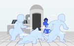 ambiguous_gender anthro black_hair blue_body blue_fire blue_scales claws colored_fire computer electronics eyeless featureless_crotch featureless_face featureless_limbs fire flaming_tail group growth hair identity_death inside laboratory leaning_on_object machine male nude null nullification open_mouth scales science smoke tail tail_growth transformation kyrio nintendo pokemon ambiguous_species charmeleon generation_1_pokemon pokemon_(species) scalie
