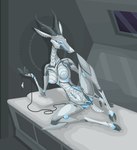 aircraft android antelope anthro bed blue_eyes bovid breasts feet female furniture gazelle genitals hi_res hooves horn looking_at_viewer machine mammal nipples nude phlegraofmystery presenting pussy robot sera-9 solo spacecraft toes vehicle window
