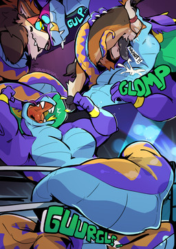 abdominal_bulge after_vore animal_genitalia animal_penis anthro anthro_on_anthro apode bodily_fluids butt canine_genitalia canine_penis coiling coiling_around_body cum cum_on_chest cumshot dominant dominant_male drooling duo ejaculation erection eye_contact eye_mask facial_piercing fighting_ring genital_fluids genitals hands-free humanoid_genitalia humanoid_penis hypnosis hypnotic_eyes knot legless looking_at_another male male/male mind_control muscular muscular_male nose_piercing nose_ring nude open_mouth oral_vore penis piercing ring_piercing ringed_eyes rumbling_stomach saliva serpentine submissive submissive_male text tongue tongue_out unwilling_prey vore yellow_penis haps gregor_(juju_julien) inigo_(juju_julien) canid canine draconcopode mammal naga 2021 absurd_res comic english_text hi_res