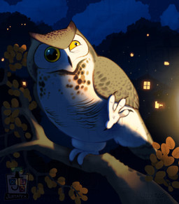 ambiguous_gender annoyed autumn autumn_leaves big_eyes blinded branch bright_light darkness detailed_background feral humor in_tree light night plant rural solo tree window wings juxtapex avian bird horned_owl owl true_owl