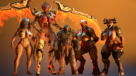 2_horns abs anthro areola armor balls big_breasts big_penis breasts claws clothing eyeless female flaccid footwear genitals group headgear headgear_only helmet helmet_only high_heels hooves horn huge_breasts larger_anthro larger_female larger_humanoid long_tongue male multi_eye muscular muscular_anthro muscular_female muscular_male nipples nude nude_anthro nude_female penis red_body red_skin shoes simple_background size_difference smaller_human smaller_male thick_thighs tongue tongue_out vein veiny_penis vulva wide_hips wings alphawolf77 doom_(series) european_mythology greek_mythology id_software microsoft mythology predator_(franchise) doom_slayer khan_maykr alien alien_humanoid angel angel_humanoid bovid bovine demon demon_humanoid hell_knight human humanoid mammal maykr minotaur yautja 16:9 3d_(artwork) digital_media_(artwork) hi_res widescreen