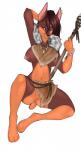 amber_eyes anthro anus biped breasts brown_hair canid canine canis clothed clothing cosplay digital_media_(artwork) dobermann domestic_dog far_cry female genitals hair half-closed_eyes hand_behind_head hi_res ineffective_clothing looking_at_viewer mammal melee_weapon narrowed_eyes navel nipple_piercing nipples no_underwear piercing pinscher polearm prick_ears pussy simple_background sitting skimpy solo spear tami_(poonani) tribal ubisoft weapon white_background zamzi